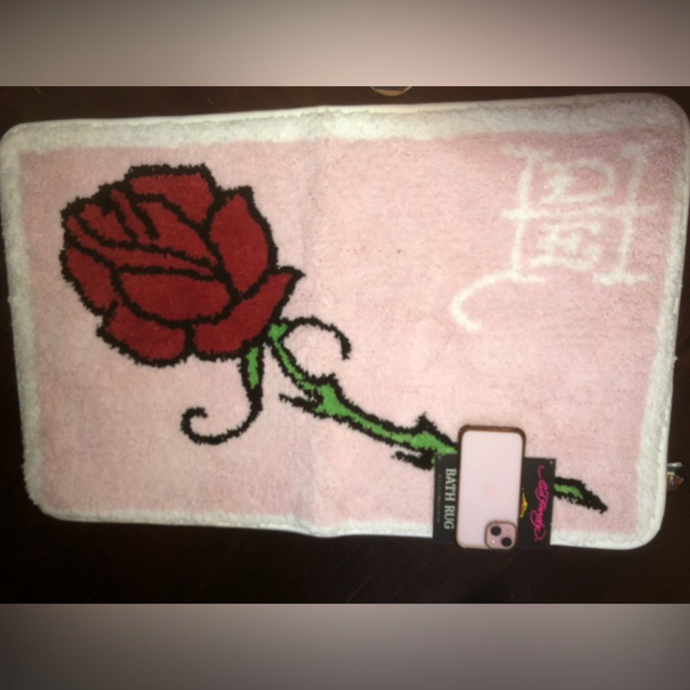 🌹 ED HARDY  Bath Rug with Red Rose Accent